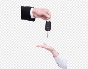 man selling car to woman and handing over the keys